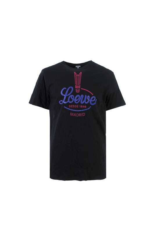 Black t-shirt with colorful 'Loewe' logo on a black background