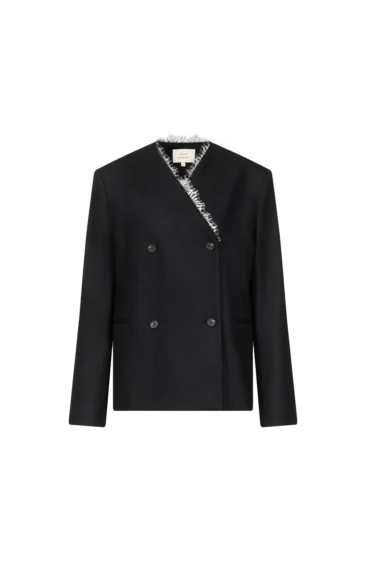 Leandra Double Breasted Lace Trim Jacket in Black/Ivory