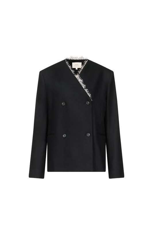 Loulou de Saison Leandra Double Breasted Lace Trim Jacket in Black/Ivory — front view