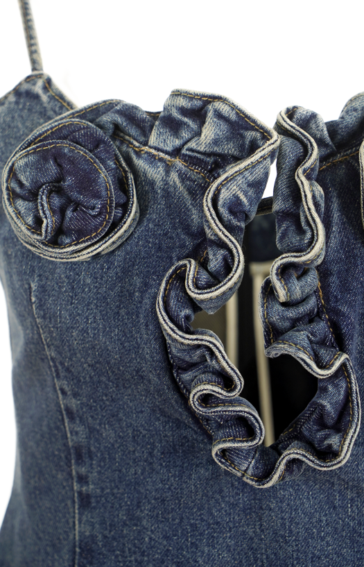 Floral-Appliqué Mini Dress in Denim