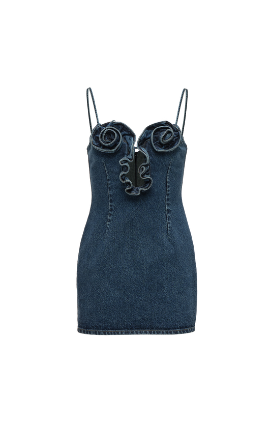 Floral-Appliqué Mini Dress in Denim