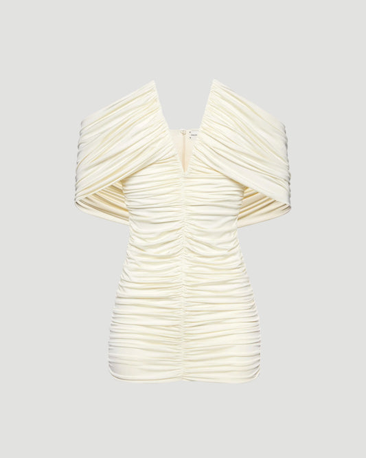 Magda Butrym V-neck ruched dress in cream — front view