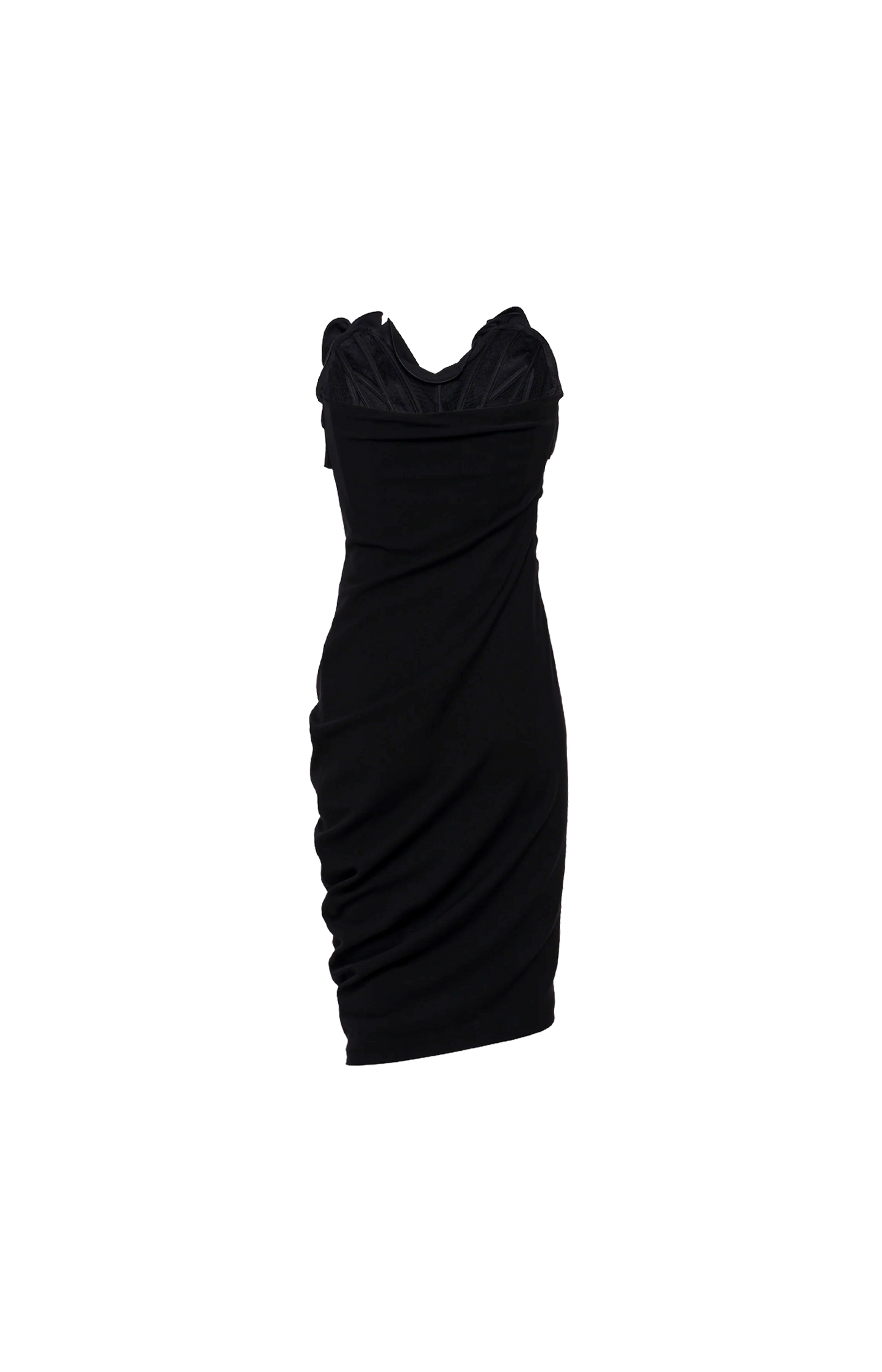 Strapless Draped Dress with Sculptural Floral Detail in Black