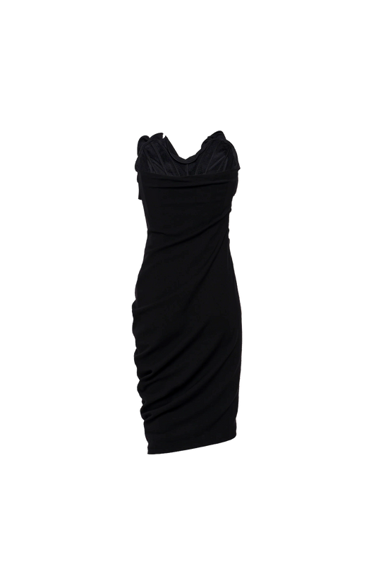 Strapless Draped Dress with Sculptural Floral Detail in Black