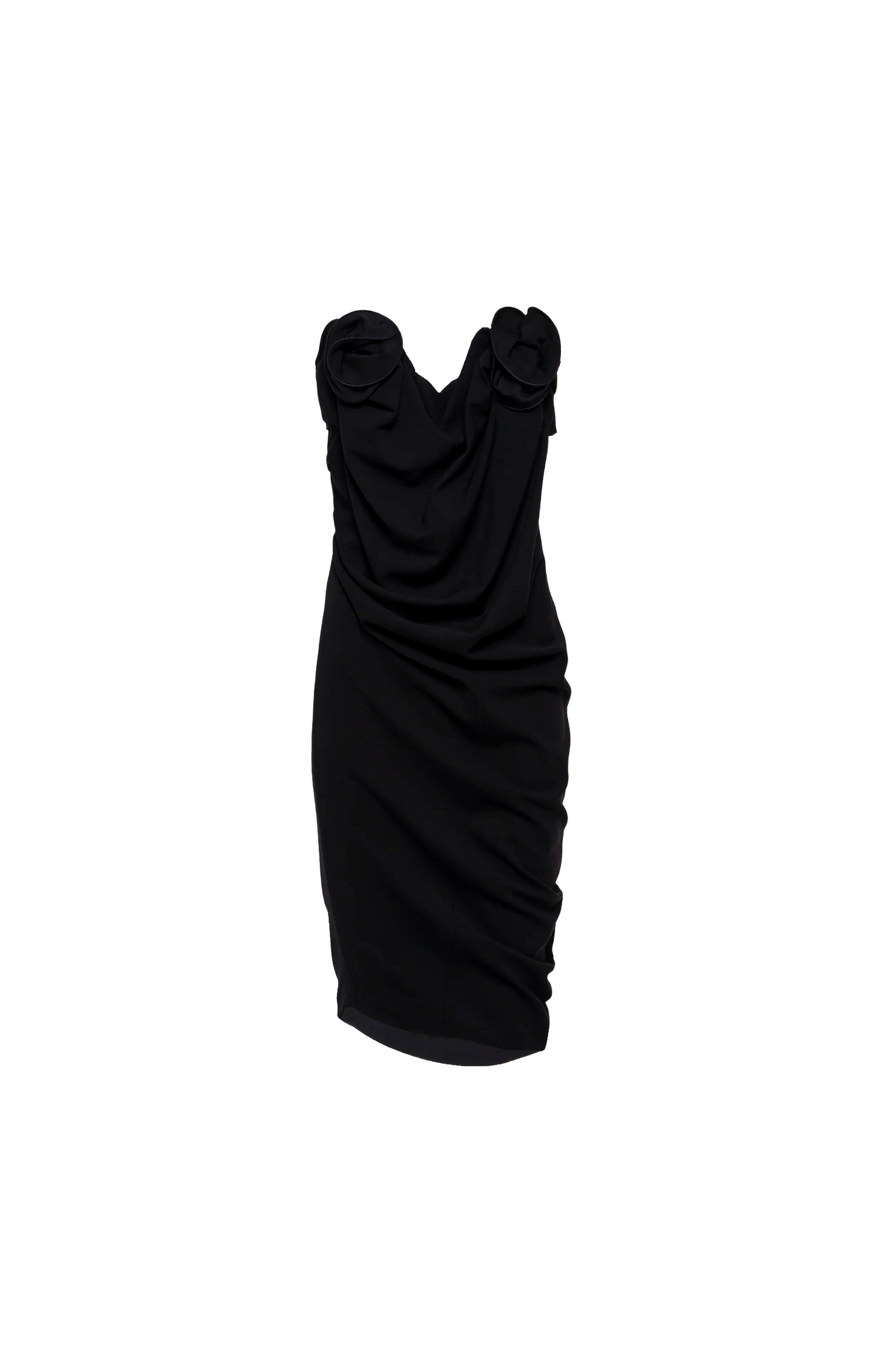 Strapless Draped Dress with Sculptural Floral Detail in Black
