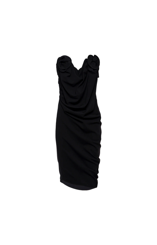 Strapless Draped Dress with Sculptural Floral Detail in Black