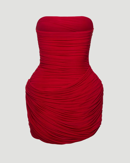 Strapless Ruched Mini Dress in Red