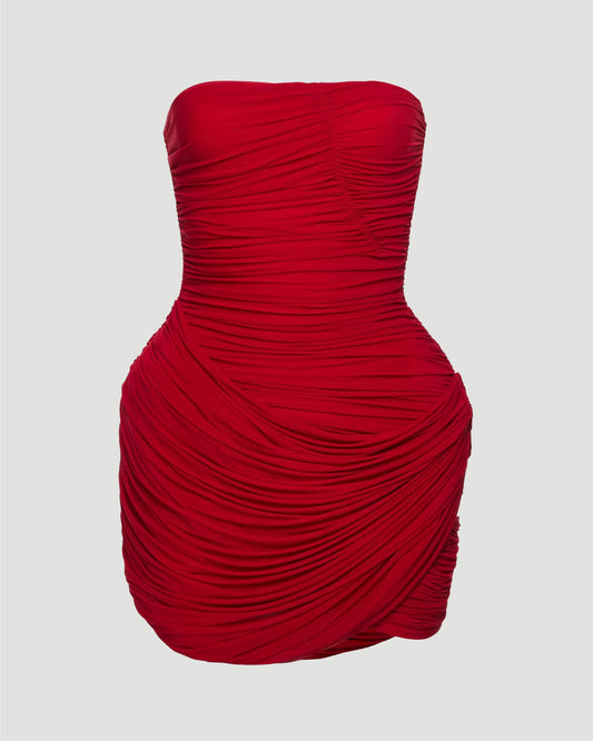 Strapless Ruched Mini Dress in Red