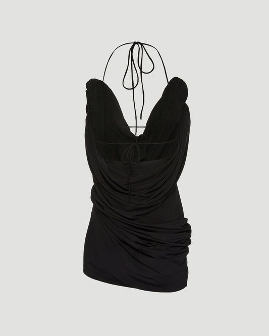 Draped cowl neck midi dress in black