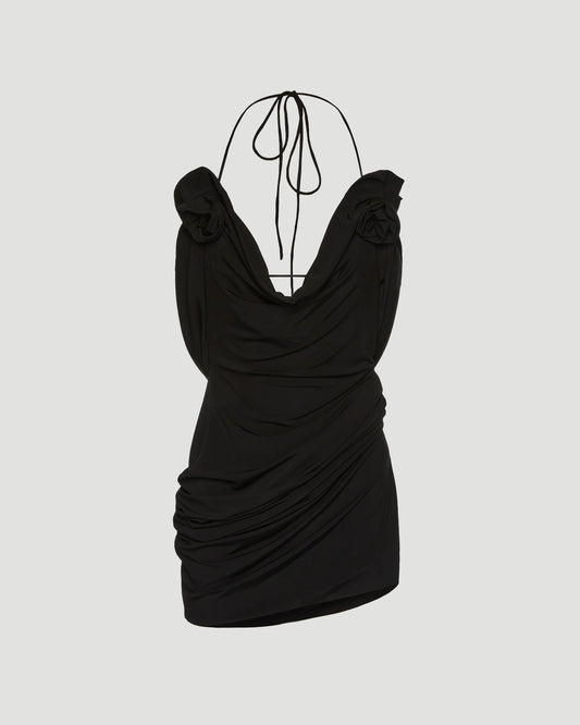 Draped cowl neck midi dress in black
