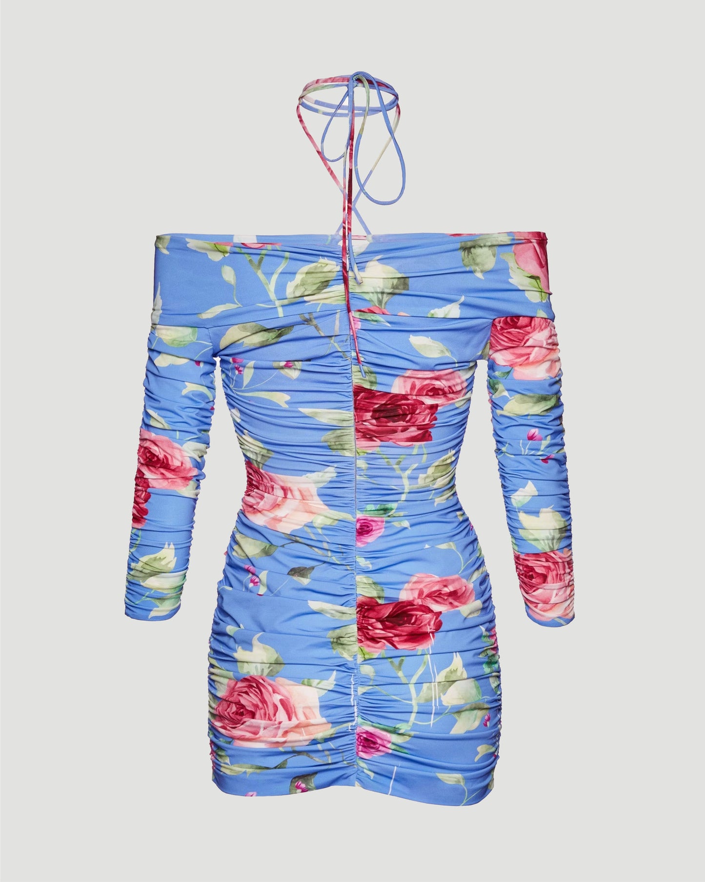 Off shoulder ruched mini dress in light blue floral print