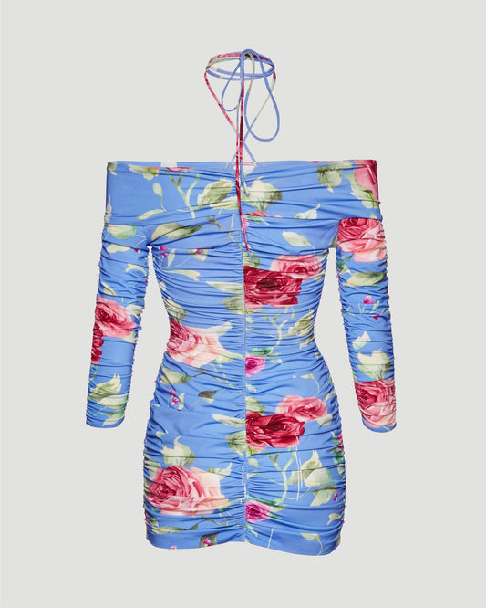 Off shoulder ruched mini dress in light blue floral print