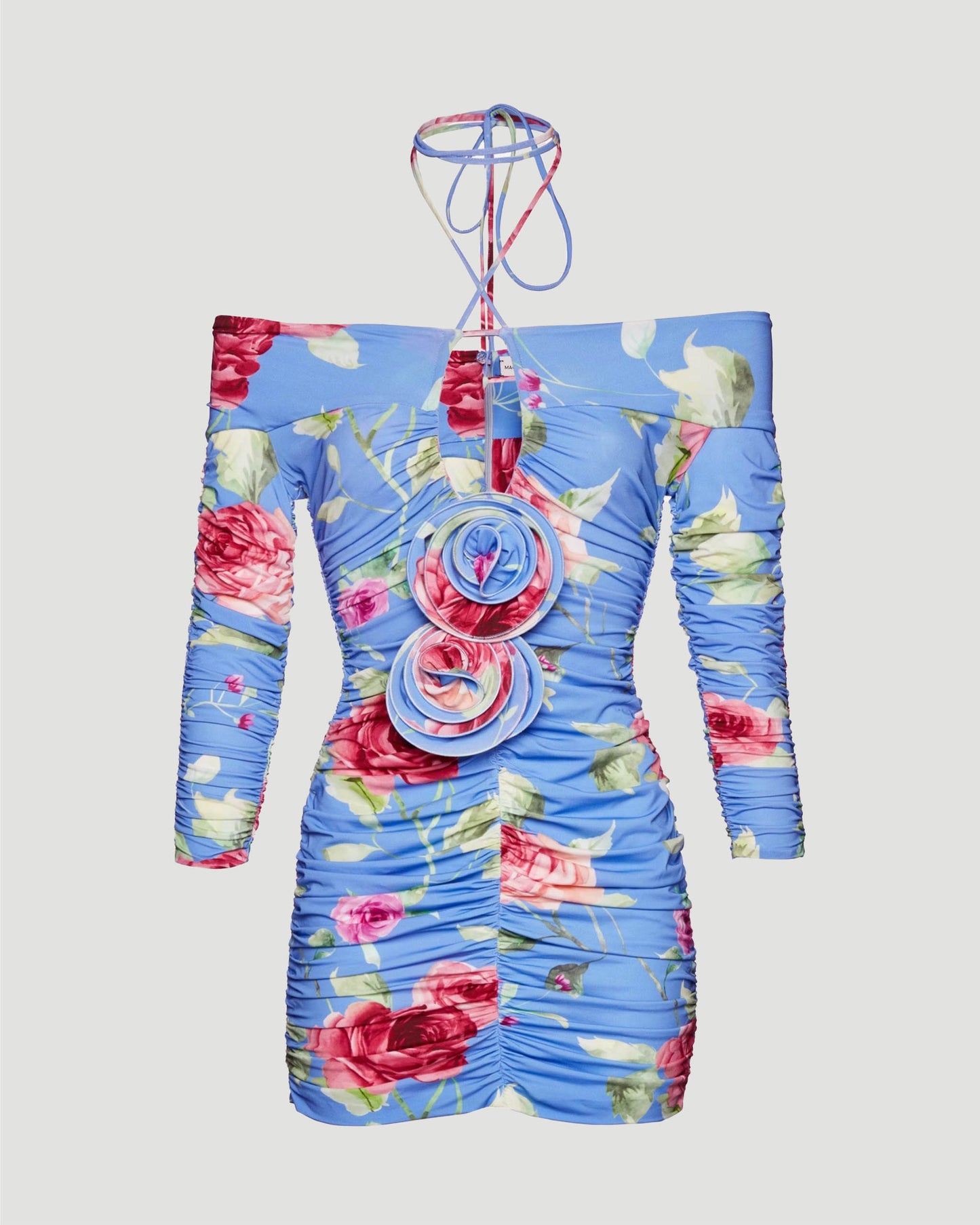 Off shoulder ruched mini dress in light blue floral print
