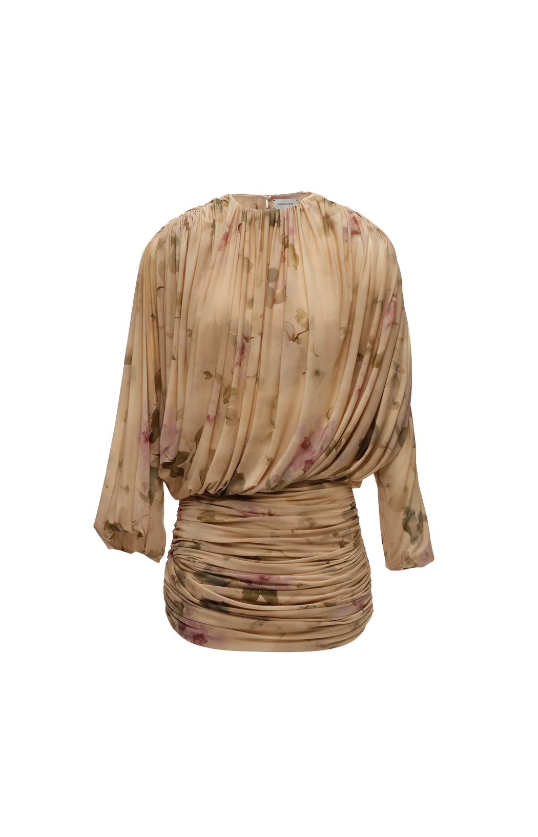 Gathered Cupro Mini Dress in Beige Floral Print