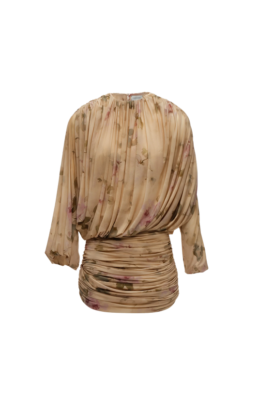 Magda Butrym Gathered Cupro Mini Dress in Beige Floral Print — front view