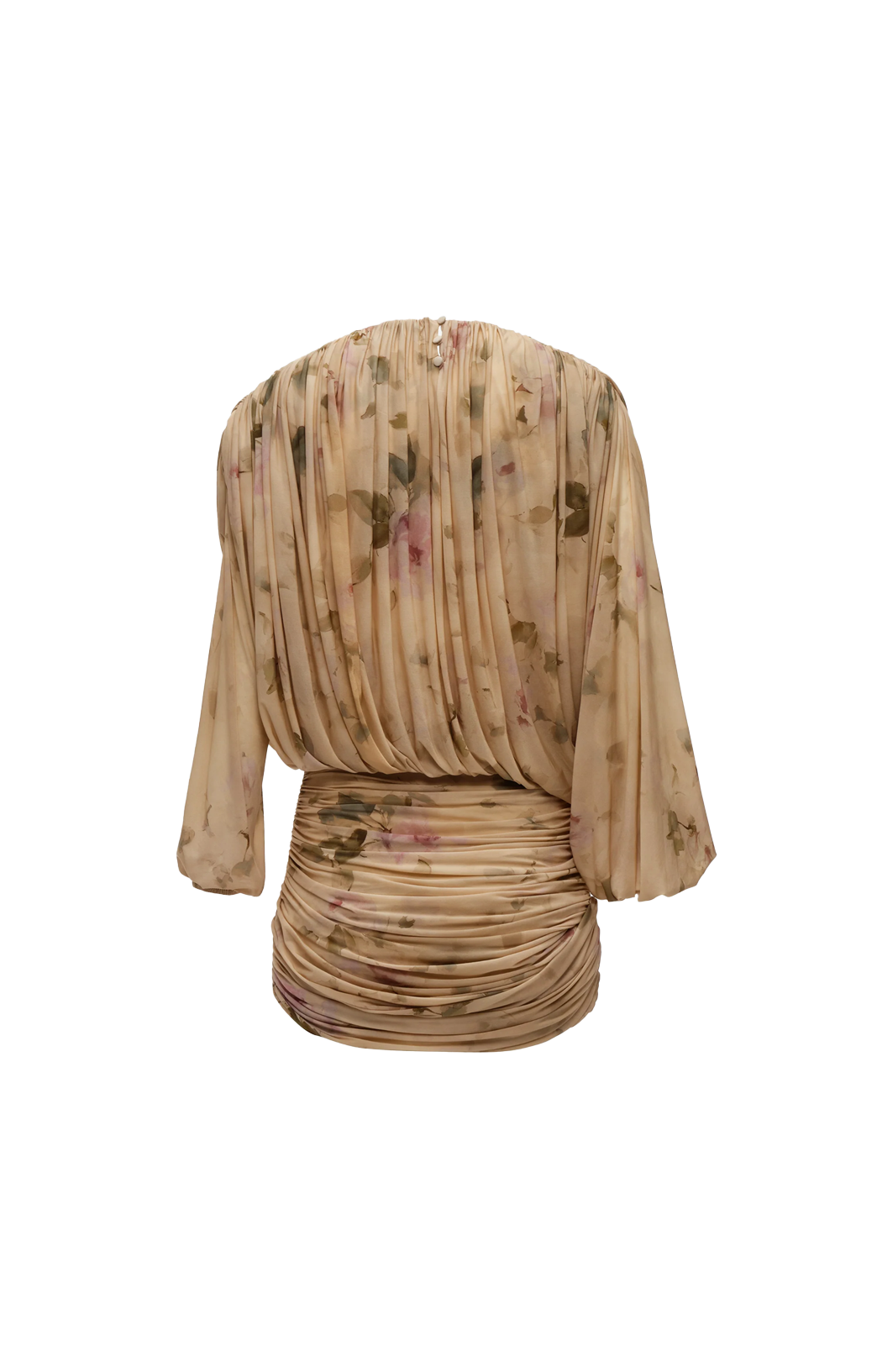 Gathered Cupro Mini Dress in Beige Floral Print