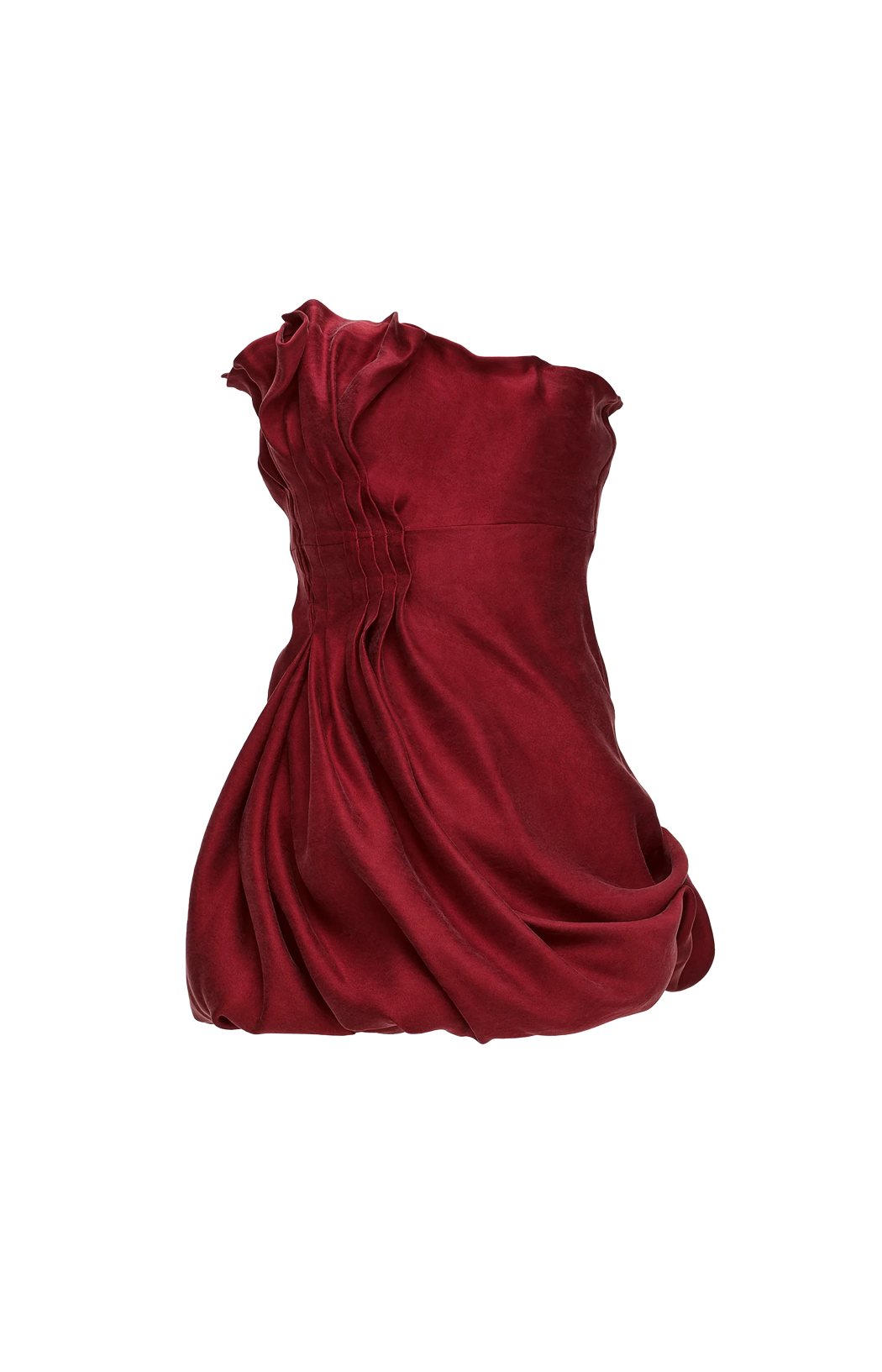 Asymmetric Pleated Silk Bubble Mini Dress in Red