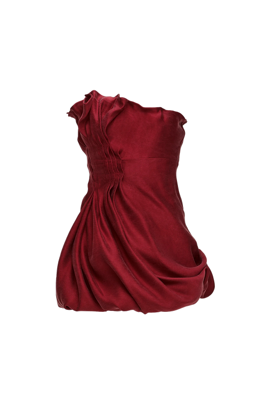 Magda Butrym Asymmetric Pleated Silk Bubble Mini Dress in Red — front view