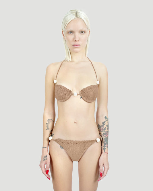 Pearl Crochet Bra in Brown