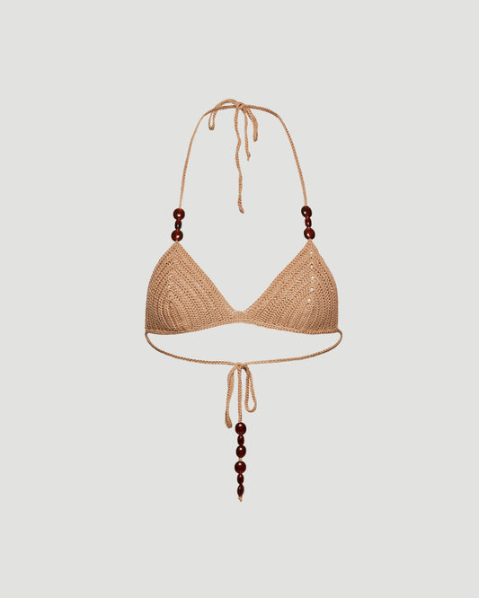 Crochet triangle beads bra in caramel