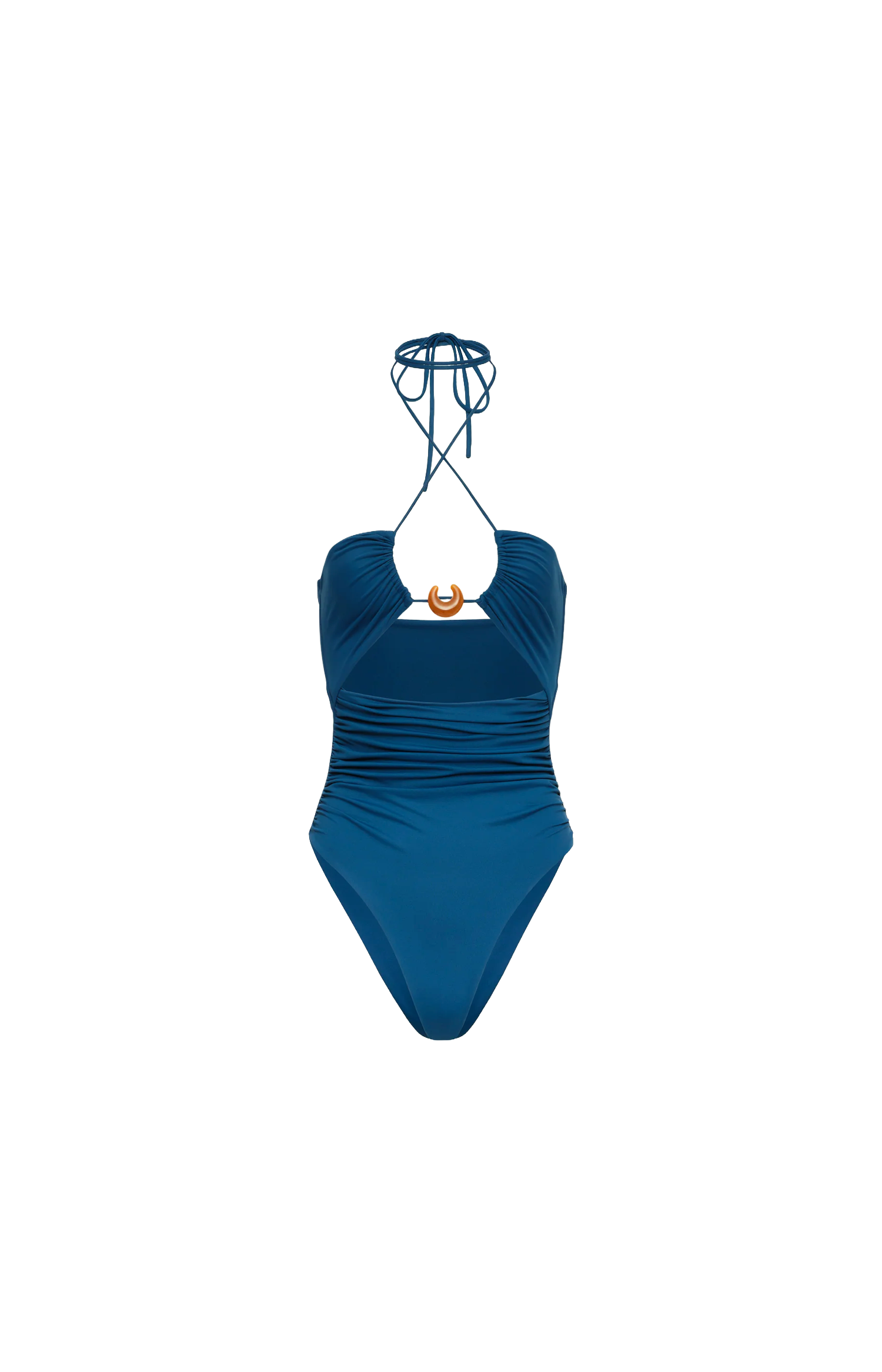 Magda Butrym Halterneck Swimsuit with Ring Detail in Blue — front view