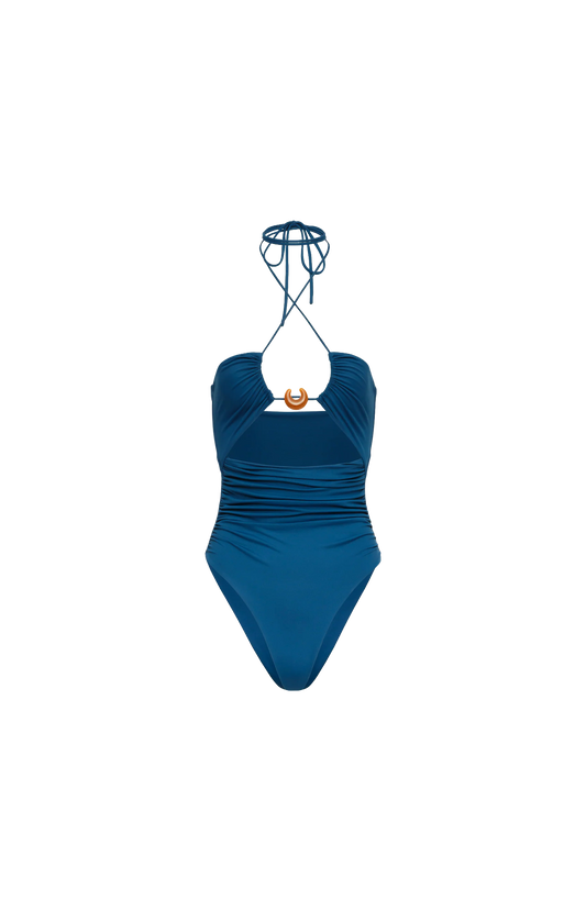 Halterneck Swimsuit with Ring Detail in Blue