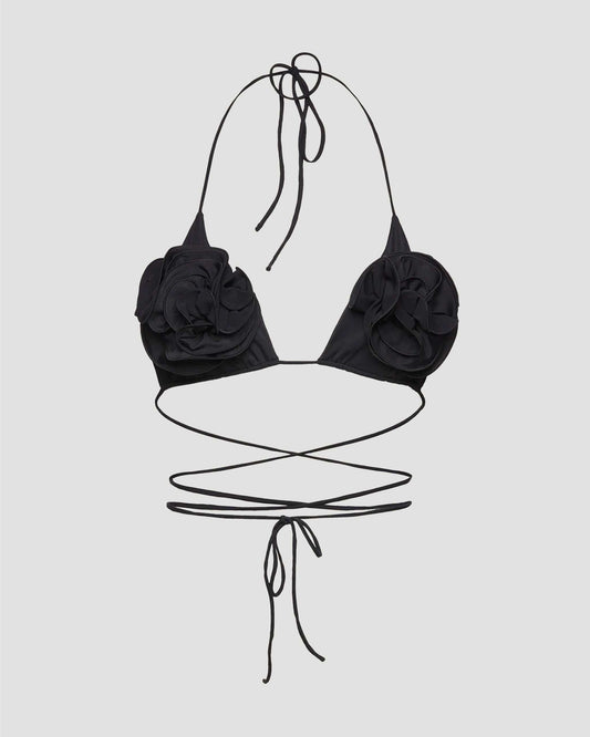 Floral Strappy Triangle Bikini Top in Black