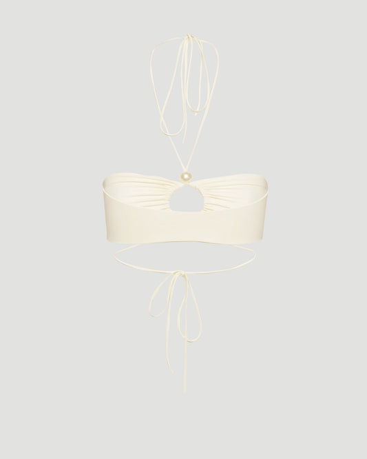 Halterneck pearl bandeau top in cream