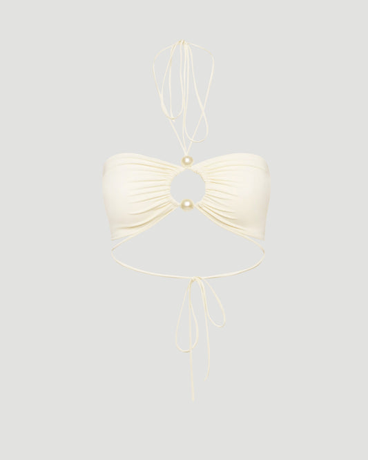 Halterneck pearl bandeau top in cream
