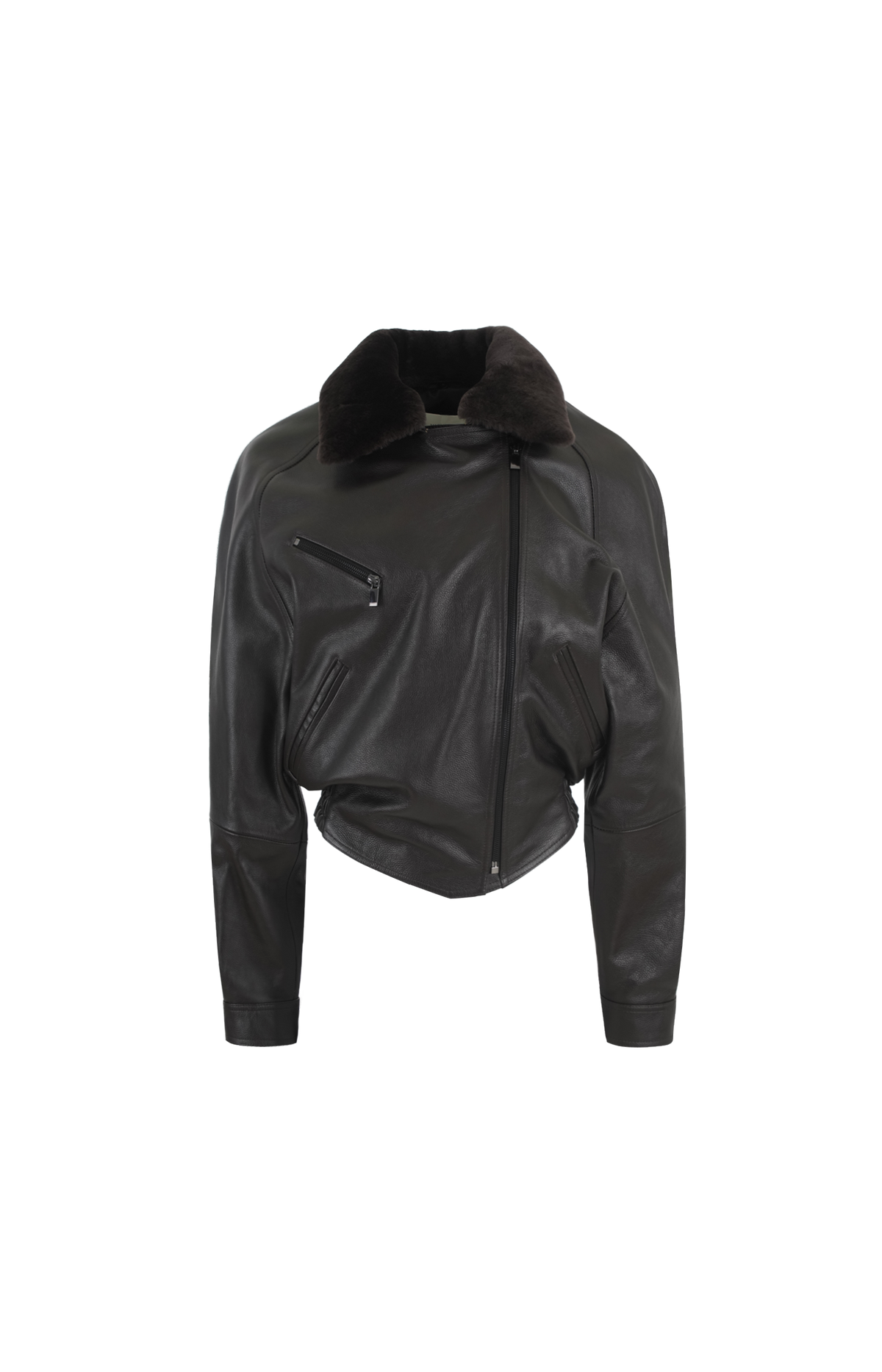 Magda Butrym Cropped Leather Jacket with Fur Collar in Dark Brown — front view
