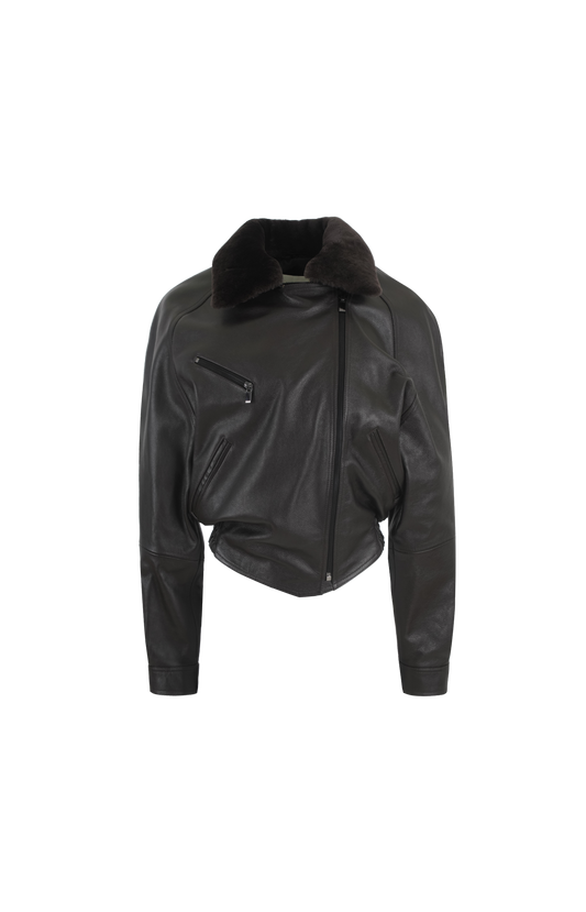 Cropped Leather Jacket with Fur Collar in Dark Brown