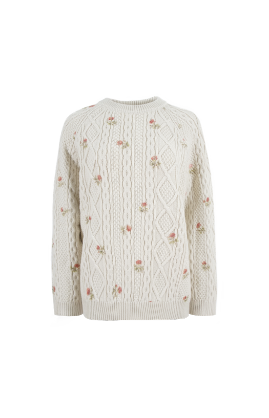 Floral Cable-Knit Sweater in Cream