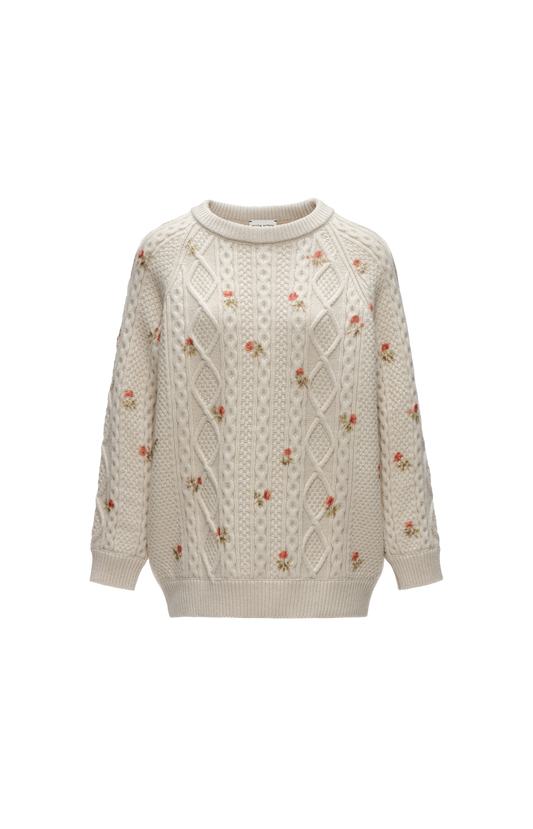 Floral Cable-Knit Sweater in Cream