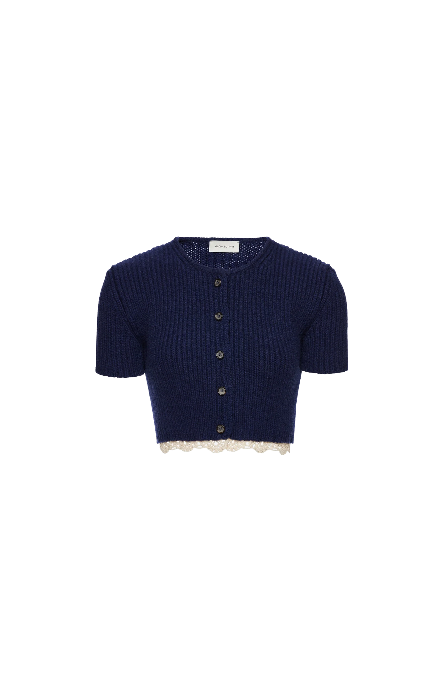 Short-sleeve crochet-trim cropped cardigan in navy