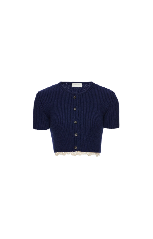 Short-sleeve crochet-trim cropped cardigan in navy