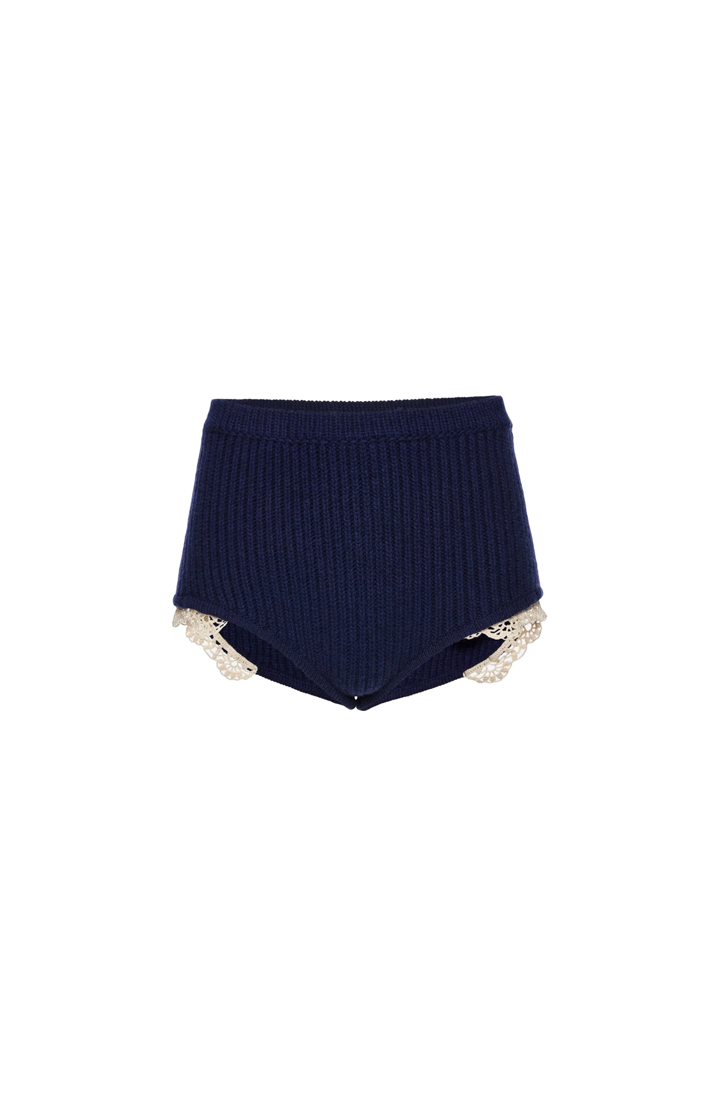 Navy ribbed high-waisted shorts Magda Butrym with lace trim on a white background