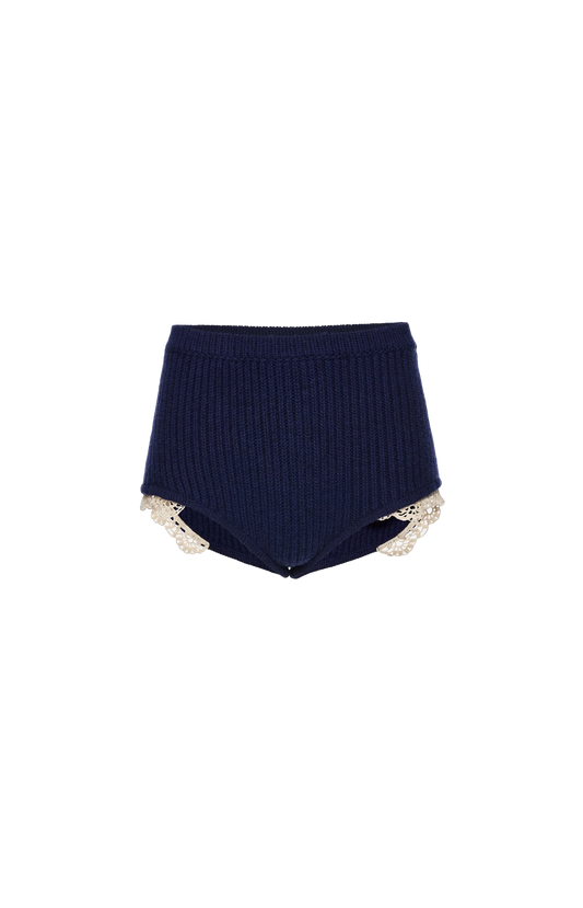 Navy ribbed high-waisted shorts Magda Butrym with lace trim on a white background