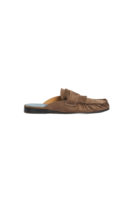Suede Sabot with Fringe Trim