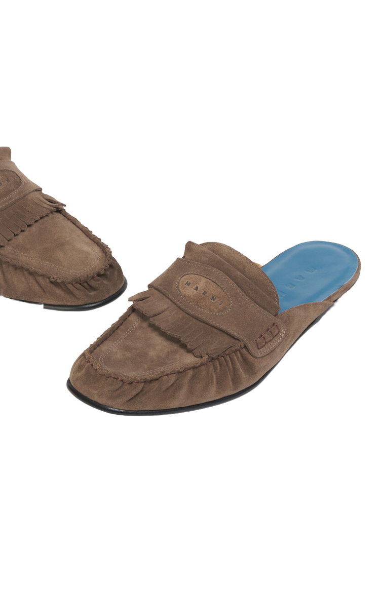 Suede Sabot with Fringe Trim