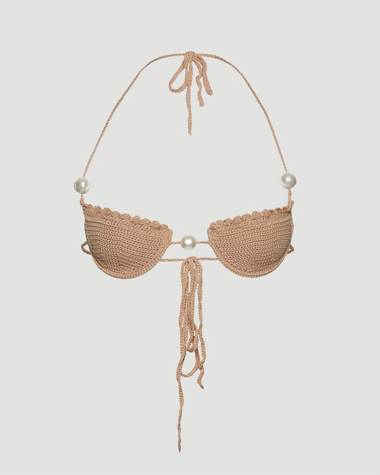 Pearl Crochet Bra in Brown