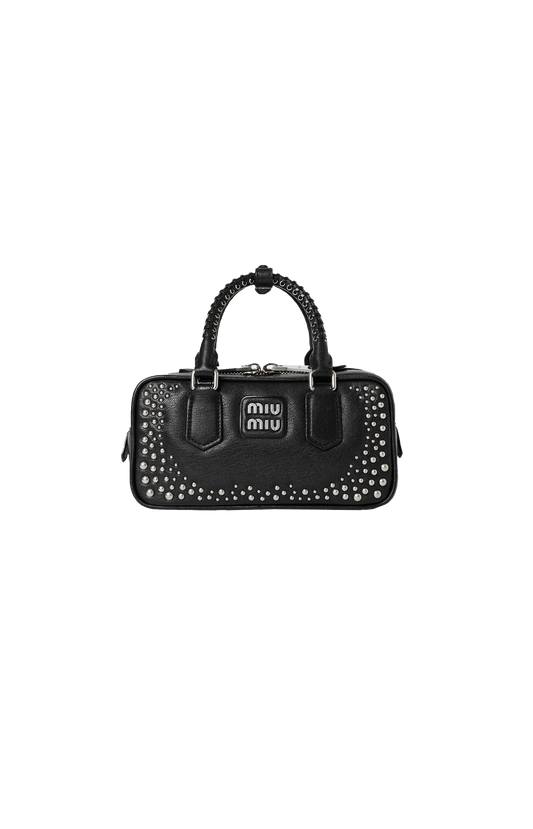 Miu Miu Arcadie Studded Leather Bag in Black — front view