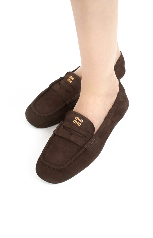 Miu Miu Ruches Logo Suede Loafers in Brown — product photo 2