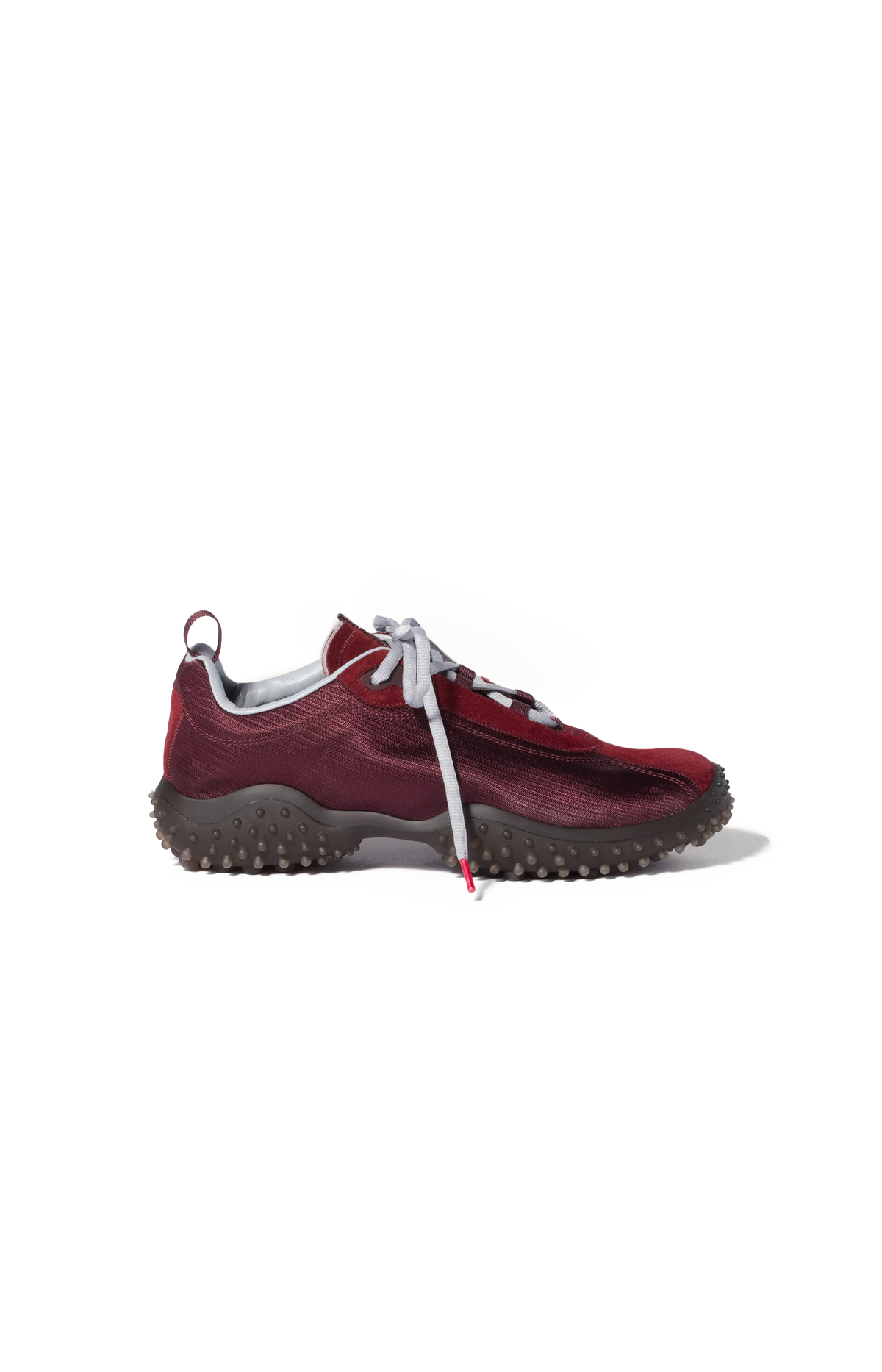 Miu Miu Bubble Technical Fabric and Suede Sneakers in Burgundy — front view