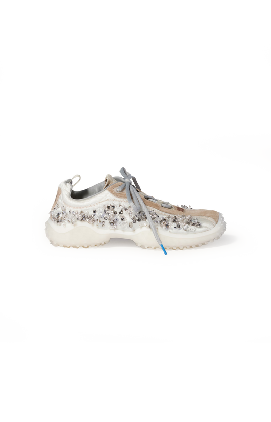 Miu Miu Bubble Embroidered Technical Fabric and Suede Sneakers in Ivory — front view