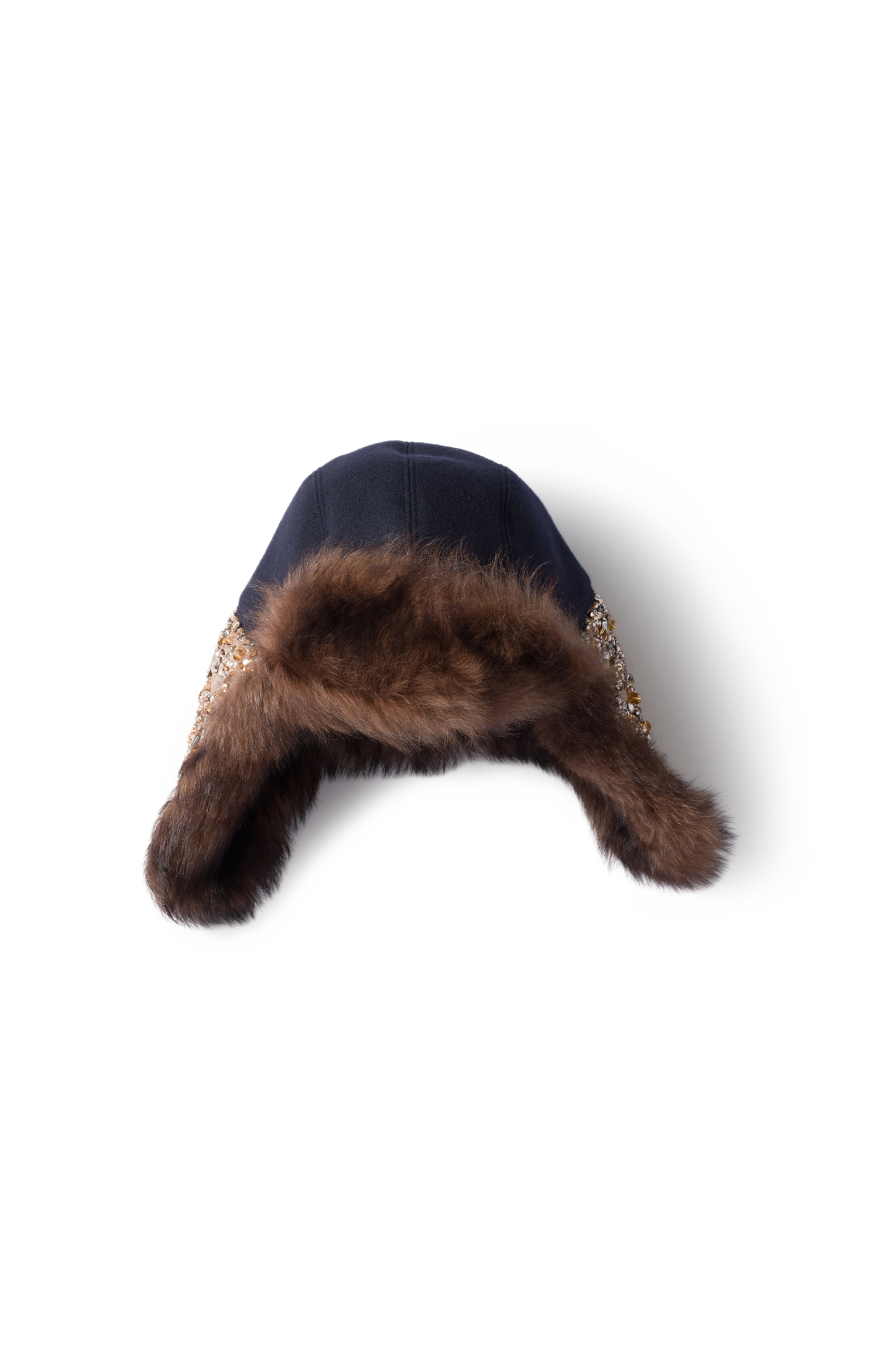 Embroidered Wool and Shearling Hat in Blue/Mahogany/Honey