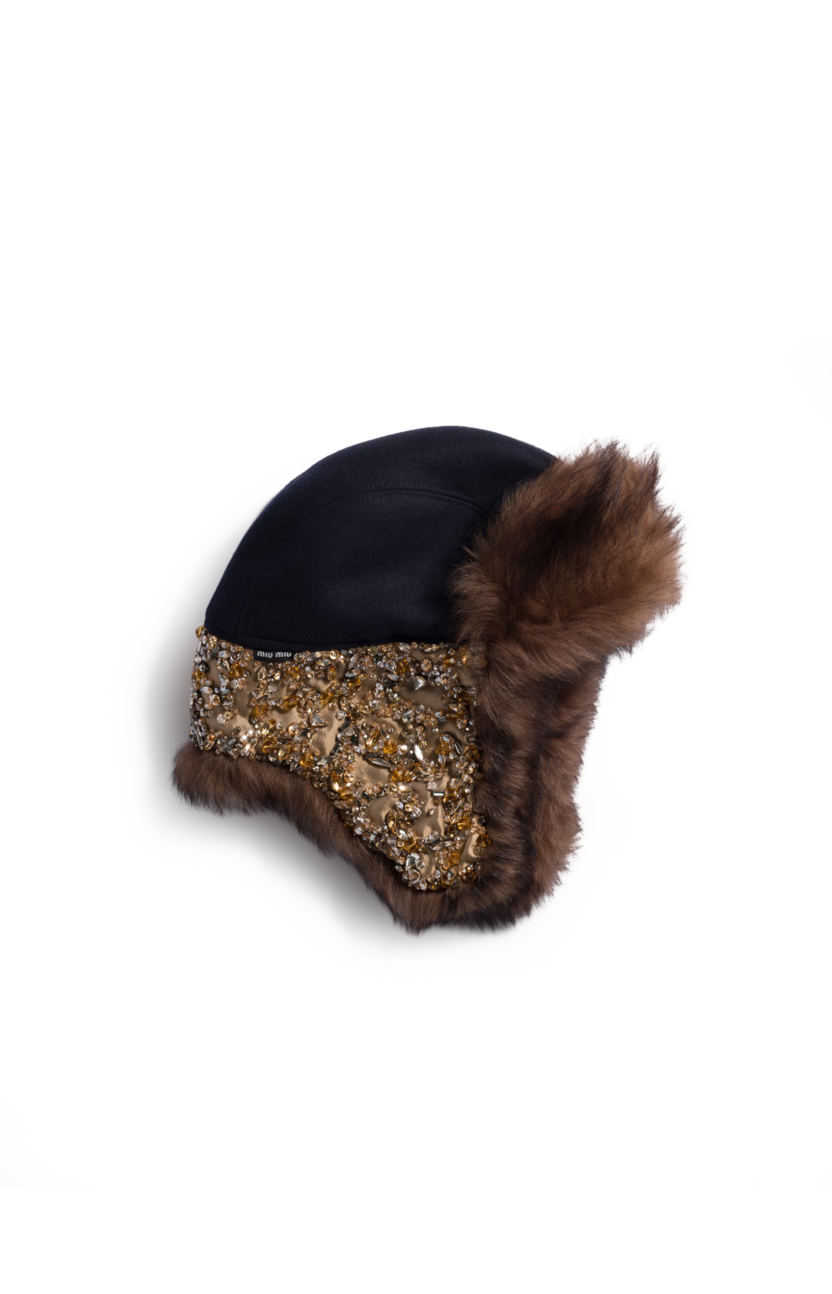 Embroidered Wool and Shearling Hat in Blue/Mahogany/Honey