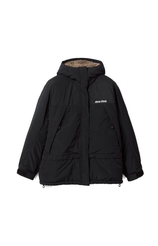 Miu Miu Pongé Down Jacket in Black — front view
