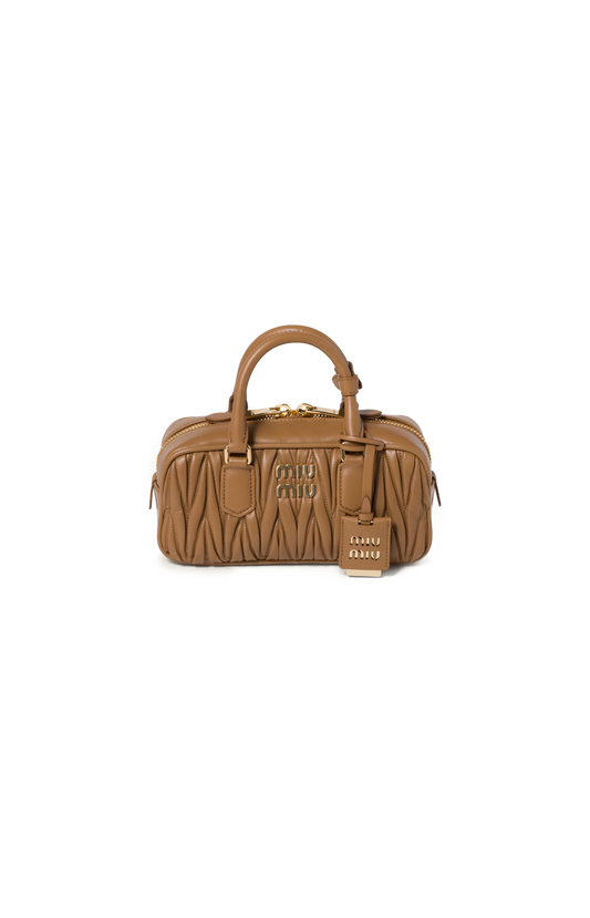 Miu Miu Arcadie Matelassé Nappa Leather Bag in Caramel — front view