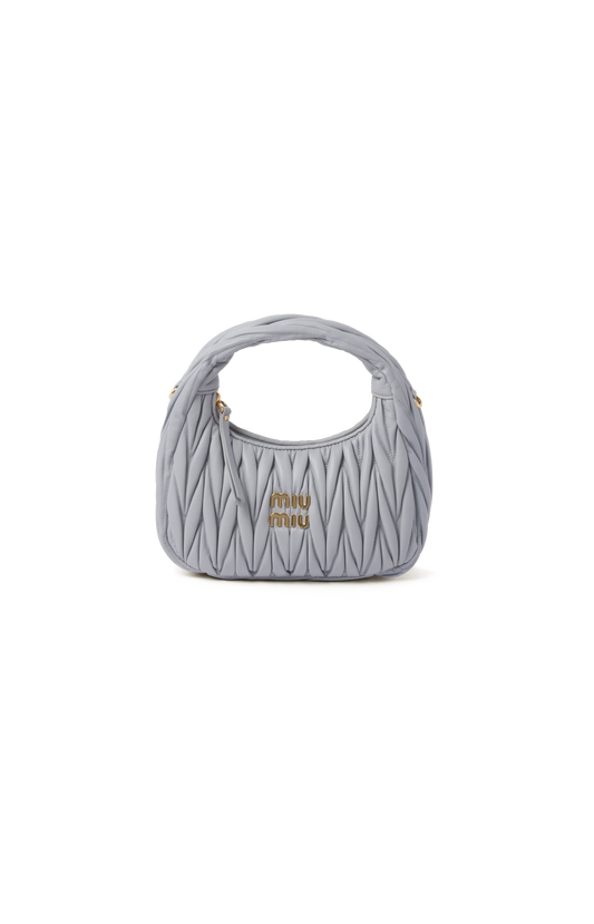 Miu Miu Wander Matelassé Nappa Leather Hobo Bag in Pearl Grey — front view