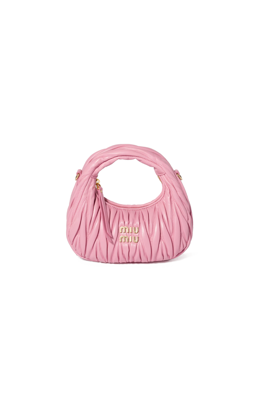 Miu Miu Wander Matelassé Nappa Leather Hobo Mini-Bag in Pink — front view